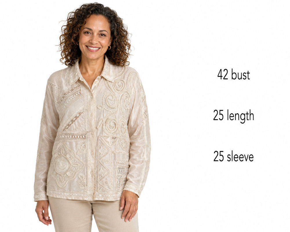 Coldwater Creek Womens Cream 100% Silk Embroidered Button Up Top Cottagecore M